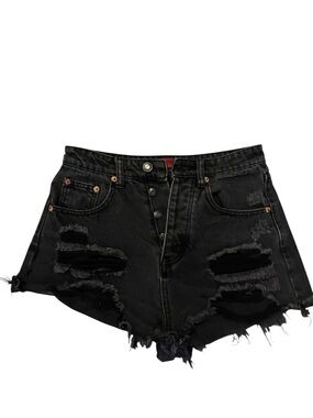 Signature Black Distressed Button-Fly Denim Shorts